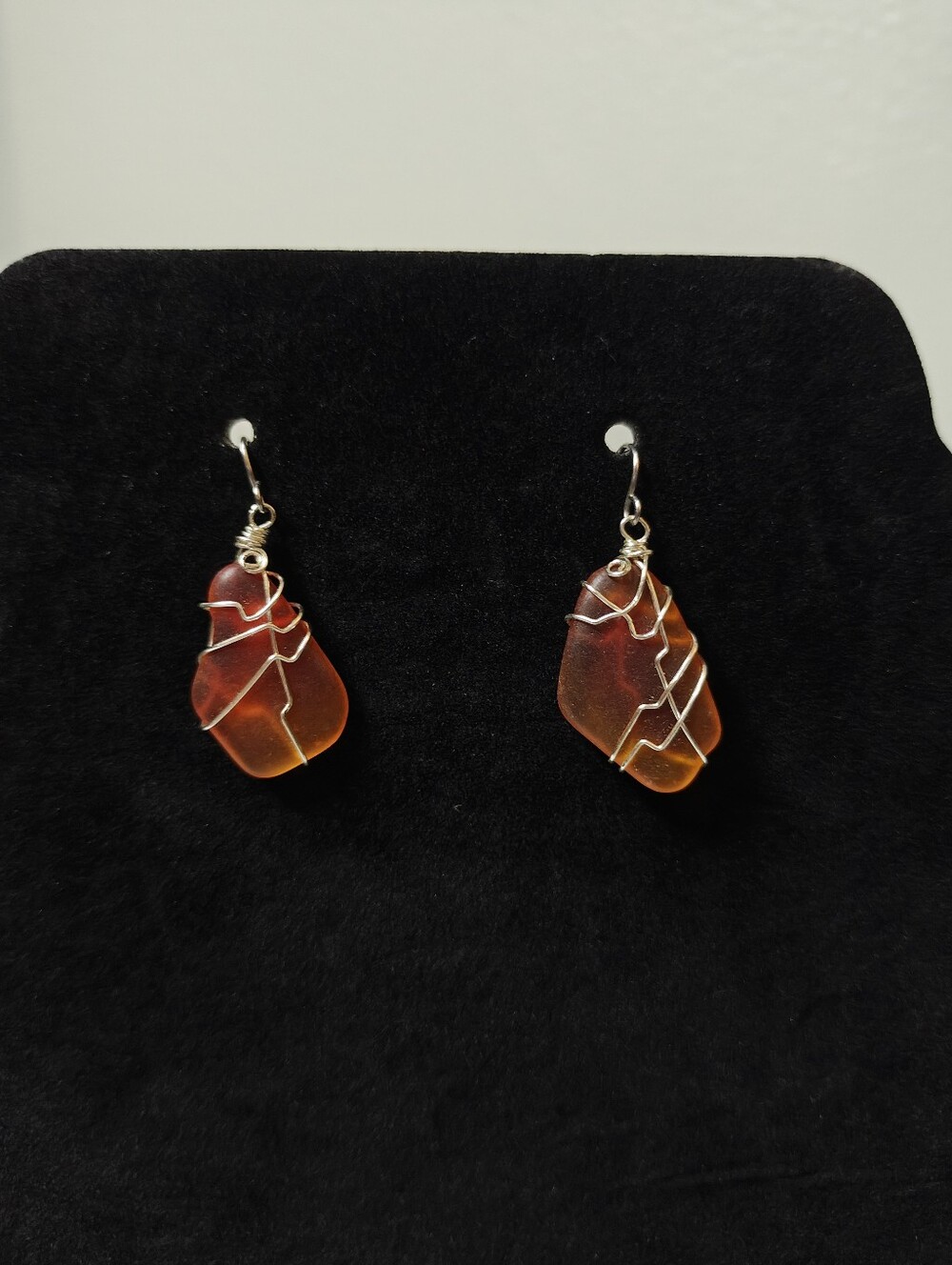 Amber Orange Sea Glass Wire-Wrap Drop Earrings